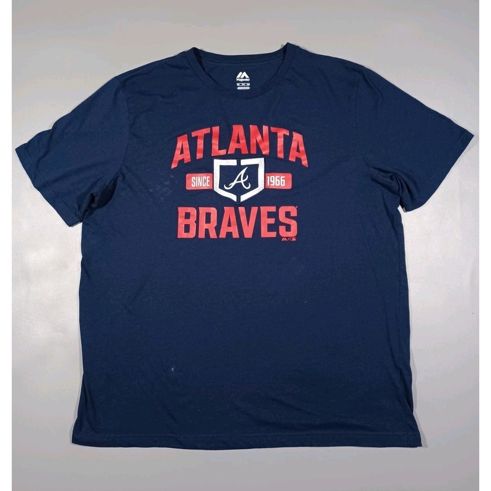 Atlanta Braves Shirt Mens 2XL Blue Short Sleeve Embroidered Logo Majestic